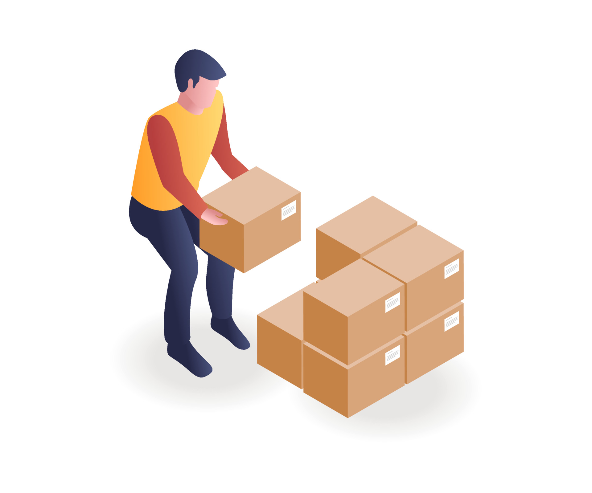 man lifting cardboard box among cardboard boxes graphic vector